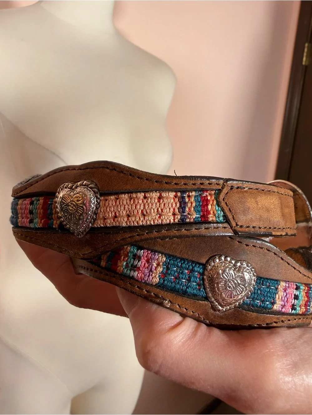 Vintage southwestern leather silver Heart Concho Skinny rodeo princess Belt 32 - Picture 14 of 17